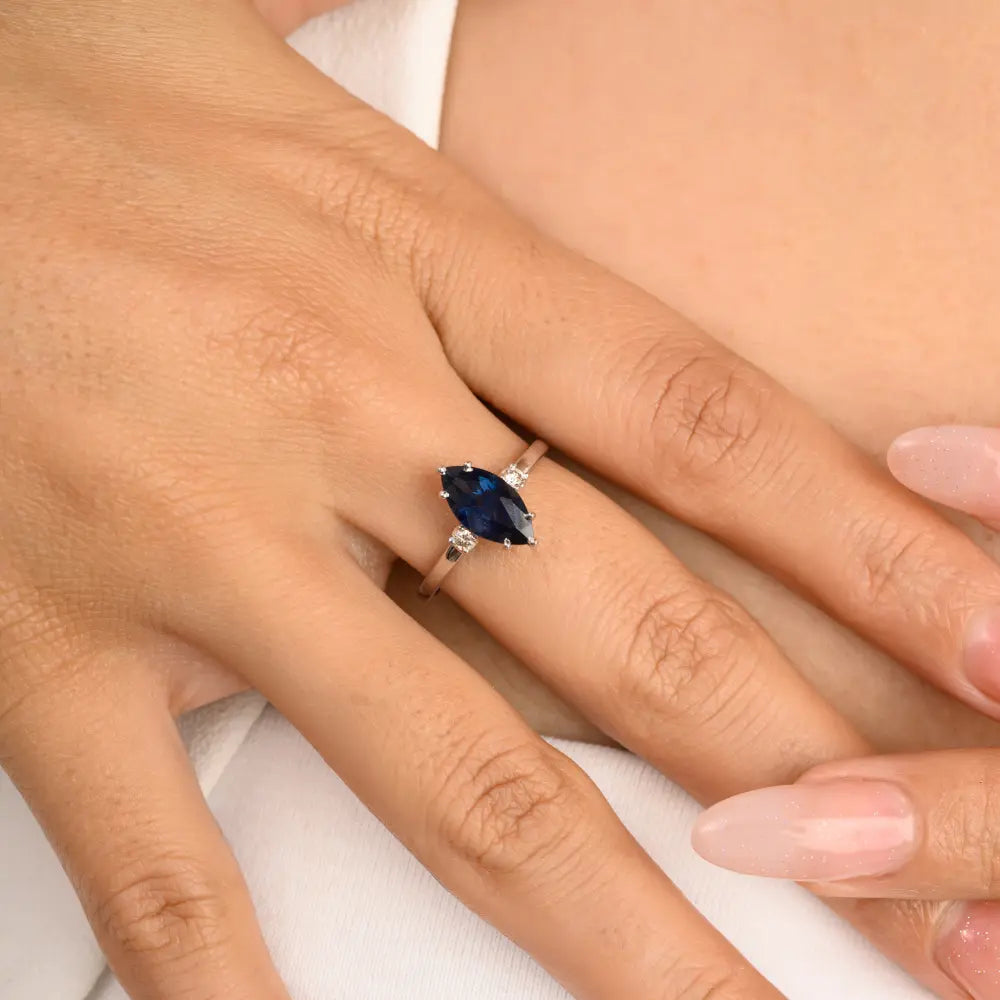 Custom Jewelry Marquise Shape Blue Sapphire & Diamond 14K White Gold Ring