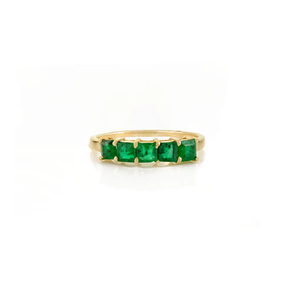 Simple Elegant Design 14K Yellow Gold Emerald Gemstone Half Eternity Band Ring Daily Wear