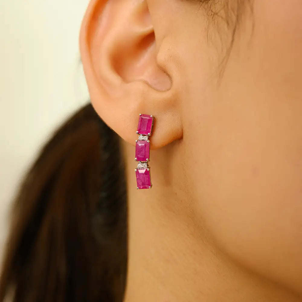 Precious Gemstone 4x6mm Octagon Cut Ruby & Diamond Drop Earrings 14K Real White Gold