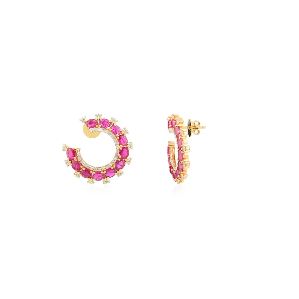 Statement Jewelry Ruby & Diamond Half Circle Wedding Earrings Handmade 14K Yellow Gold