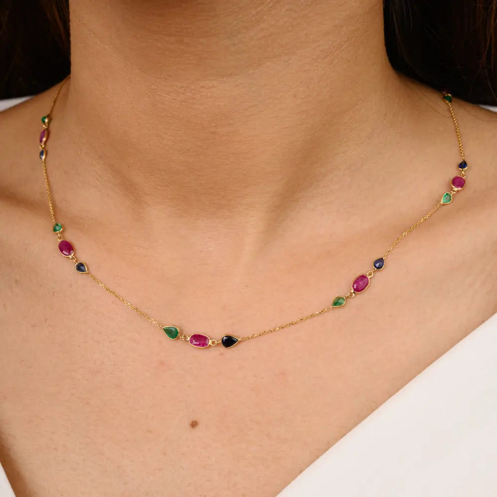 Birthstone Jewelry Emerald, Ruby, Sapphire 18K Yellow Gold Long Chain Necklace