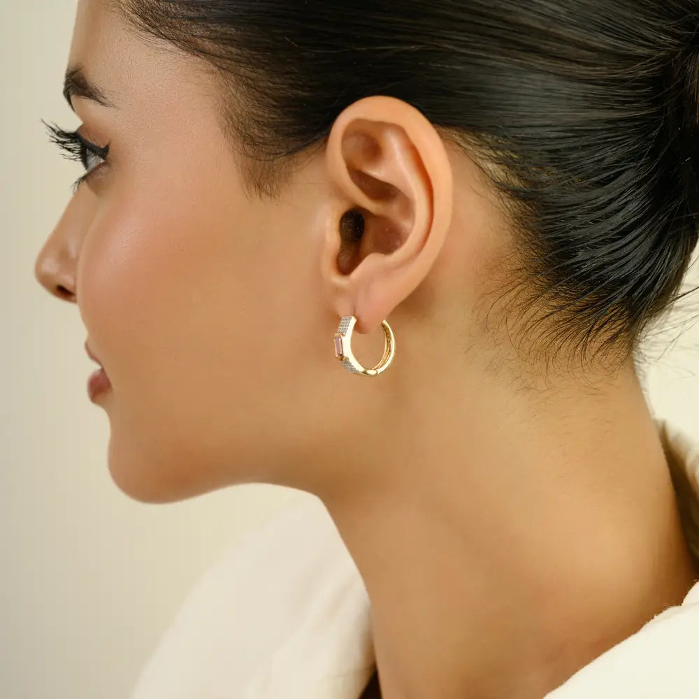 Pink Sapphire & Diamond 14K Yellow Gold Fine Hoop Earrings Customized Gemstone Jewelry