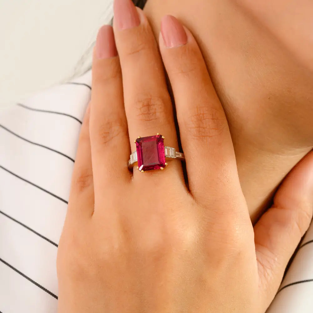 Pink Tourmaline & Diamond Double Prong Setting Wedding Ring Authentic 14K Yellow Gold