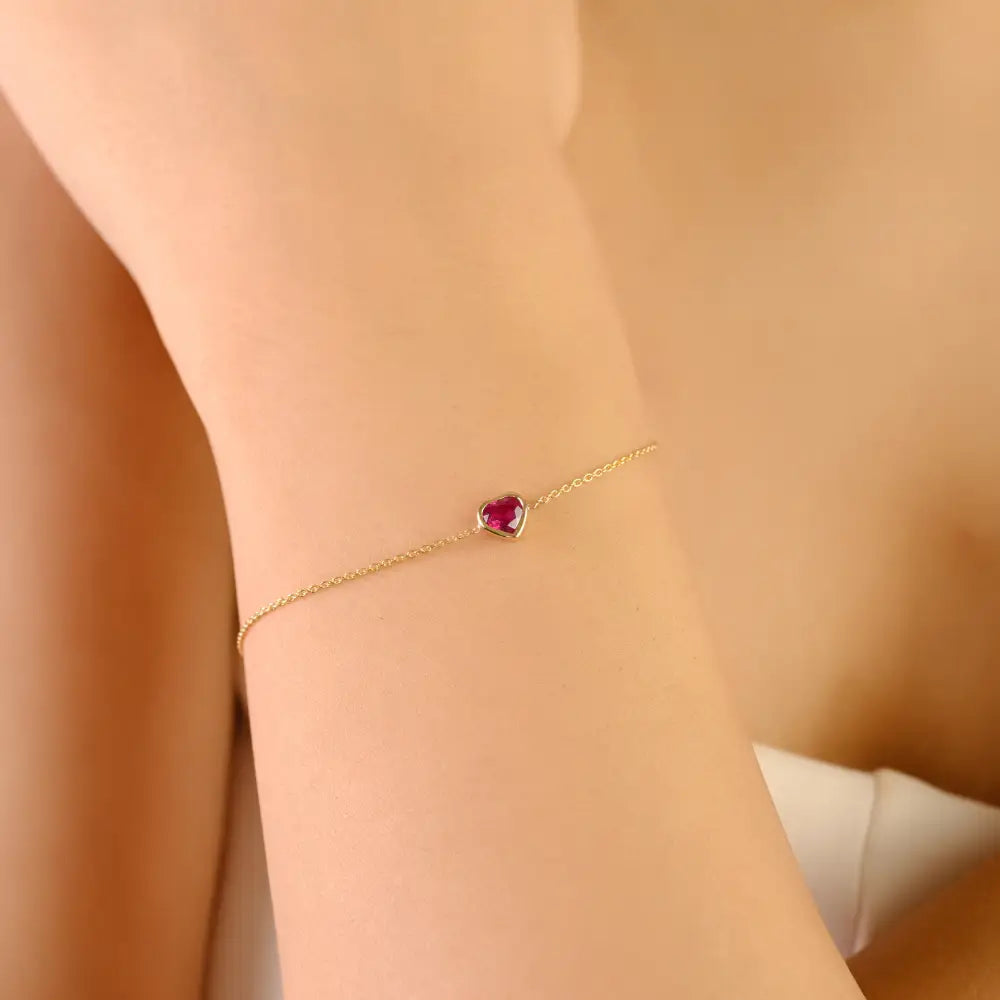 Minimalist Trendy Heart Shape Ruby Bezel Set Solitaire Chain Bracelet 14K Yellow Gold Jewelry