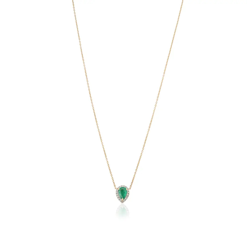 Pear Cut Emerald & Diamond Fine Minimalist Solitaire Halo Pendant Necklace 18K Yellow Gold
