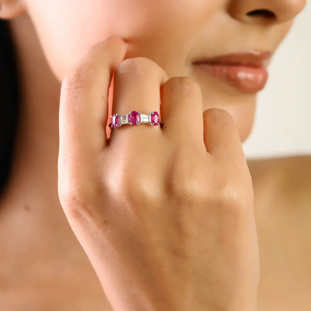 July Birthstone Ruby & Diamond Three Stone Ring Handcrafted 14K Real White Gold Jewelry