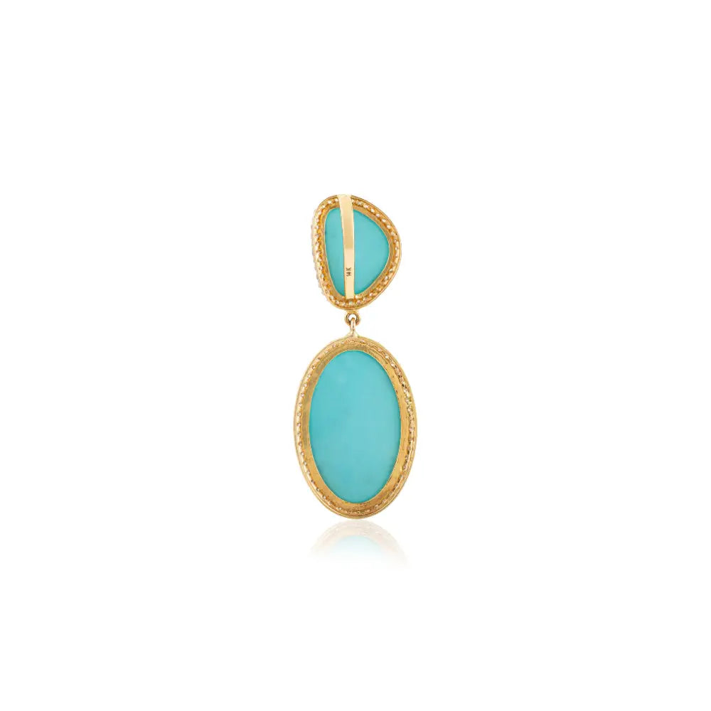 Natural Turquoise & Diamond Halo Statement Pendant For Women 14K Yellow Gold Wedding Jewelry