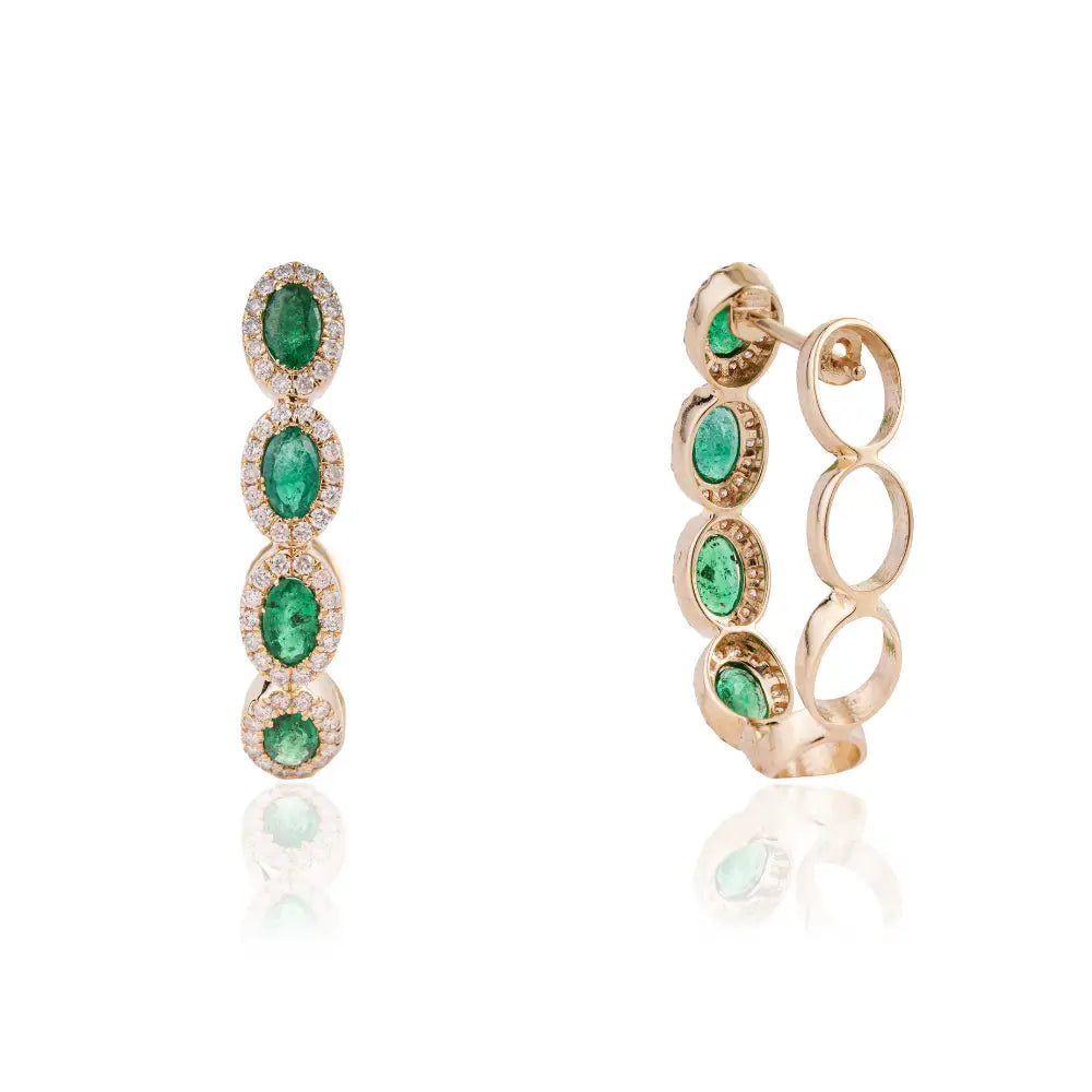 Latest New Arrivals 14K Yellow Gold Emerald & Diamond Statement Hoop Earrings For Wedding