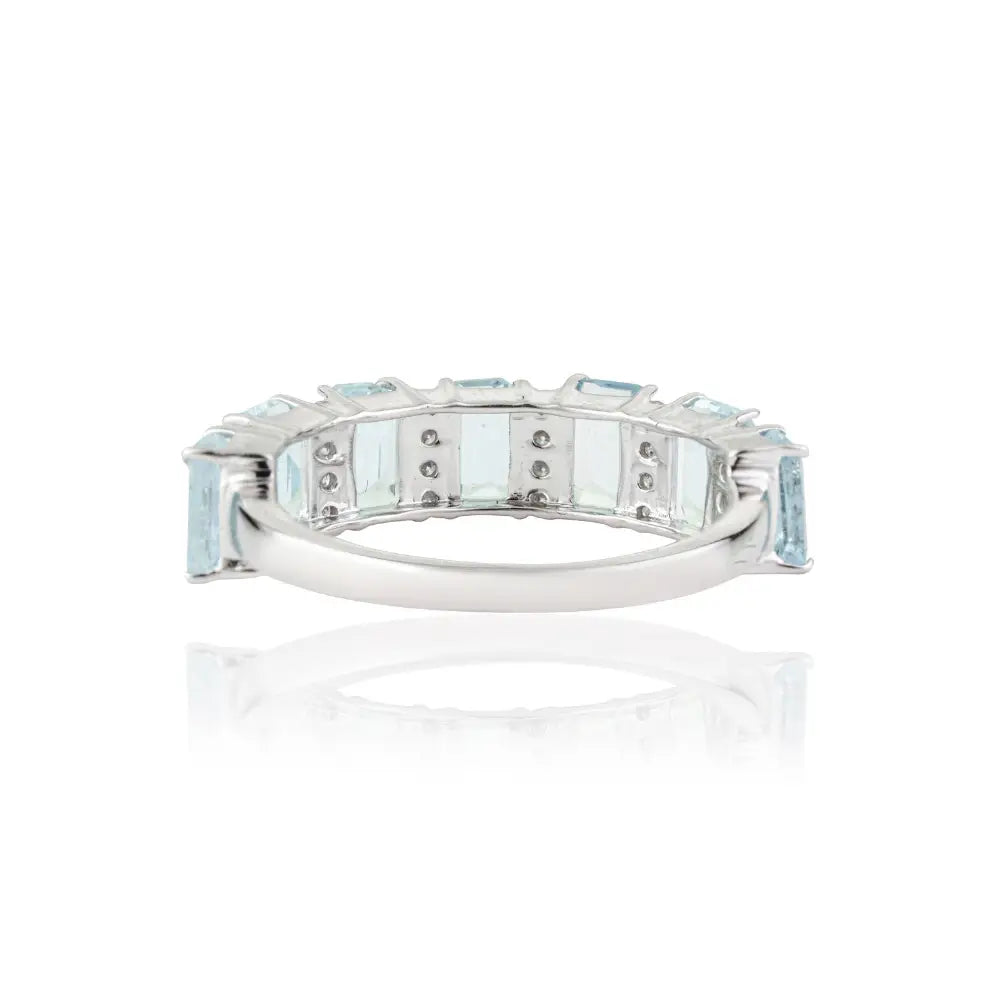 5x3 mm Octagon Shape Aquamarine & Round Cut Diamond Half Eternity Band Ring 18K Gold