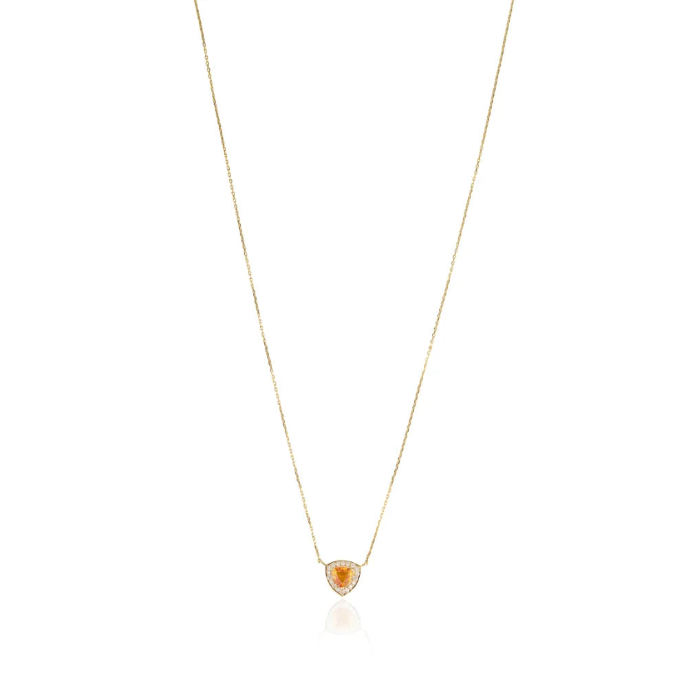 Semi Precious Gemstone Trillion Cut Citrine & Diamond Halo Pendant Necklce Minimal Jewelry 14K Real Yellow Gold