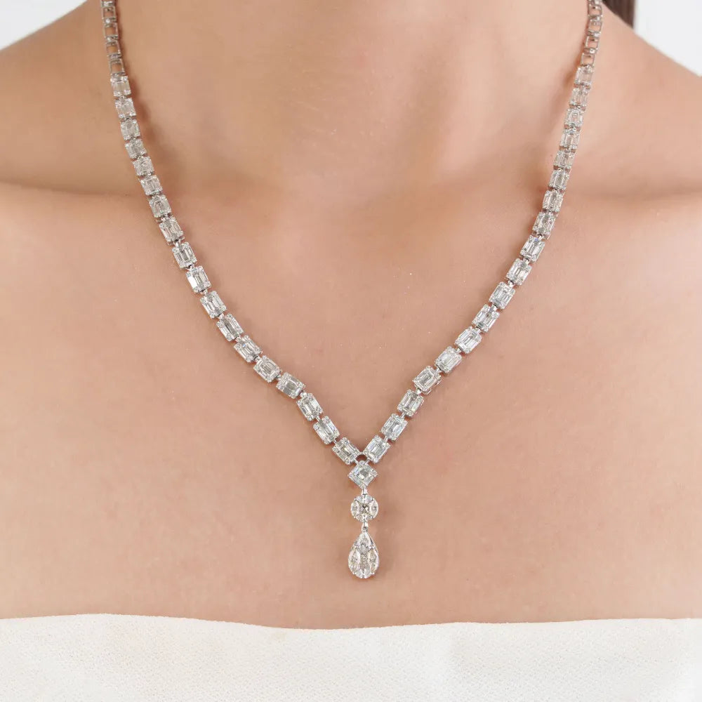 Luxury Design Bold Natural Diamond Bold Y Shape Drop Necklace Engagement Jewelry 14K Real White Gold