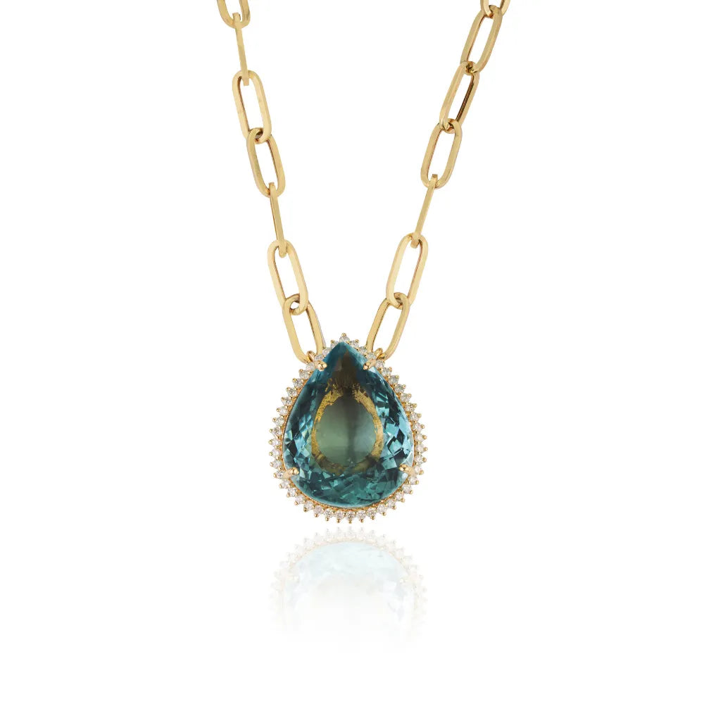20x15mm Pear Cut Aquamarine & Diamond Paperclip Chain Cluster Pendant Necklace Bold Jewelry Supplier