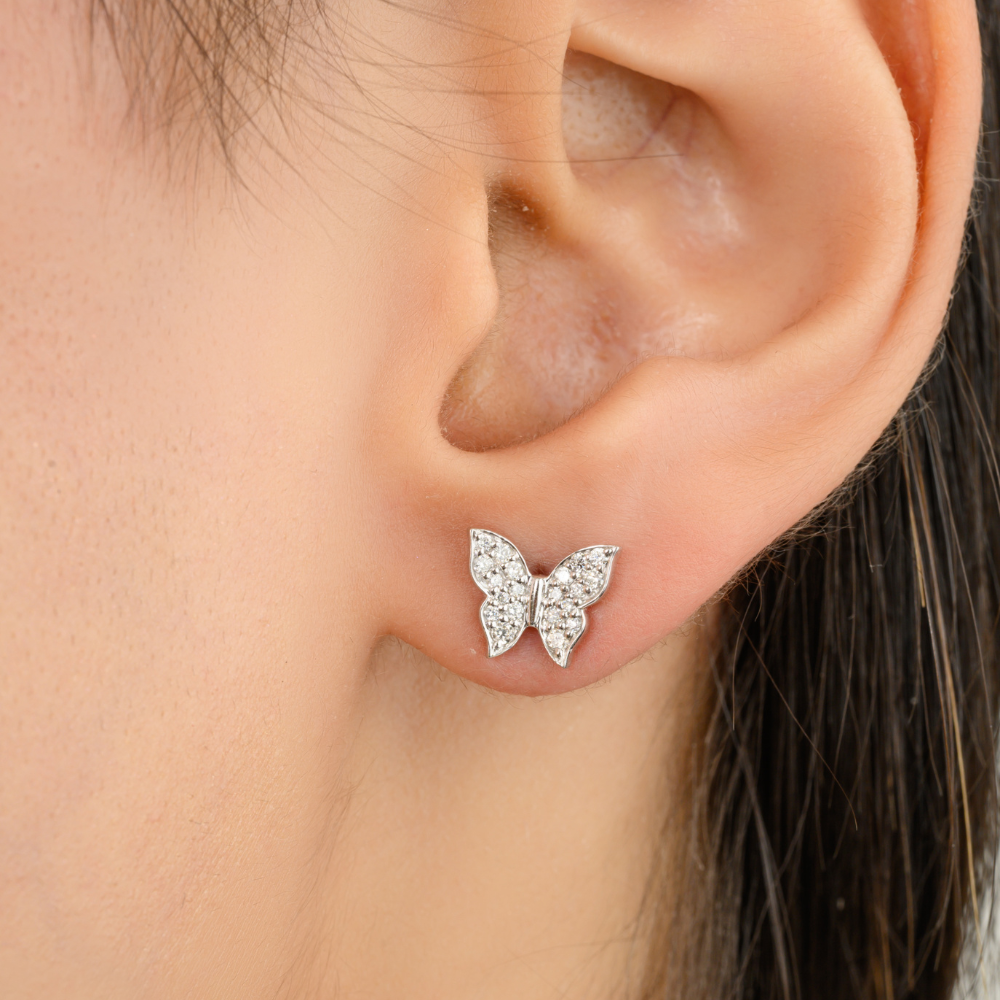 Handmade Jewelry Natural Diamond Solid 18K White Gold Butterfly Stud Earrings