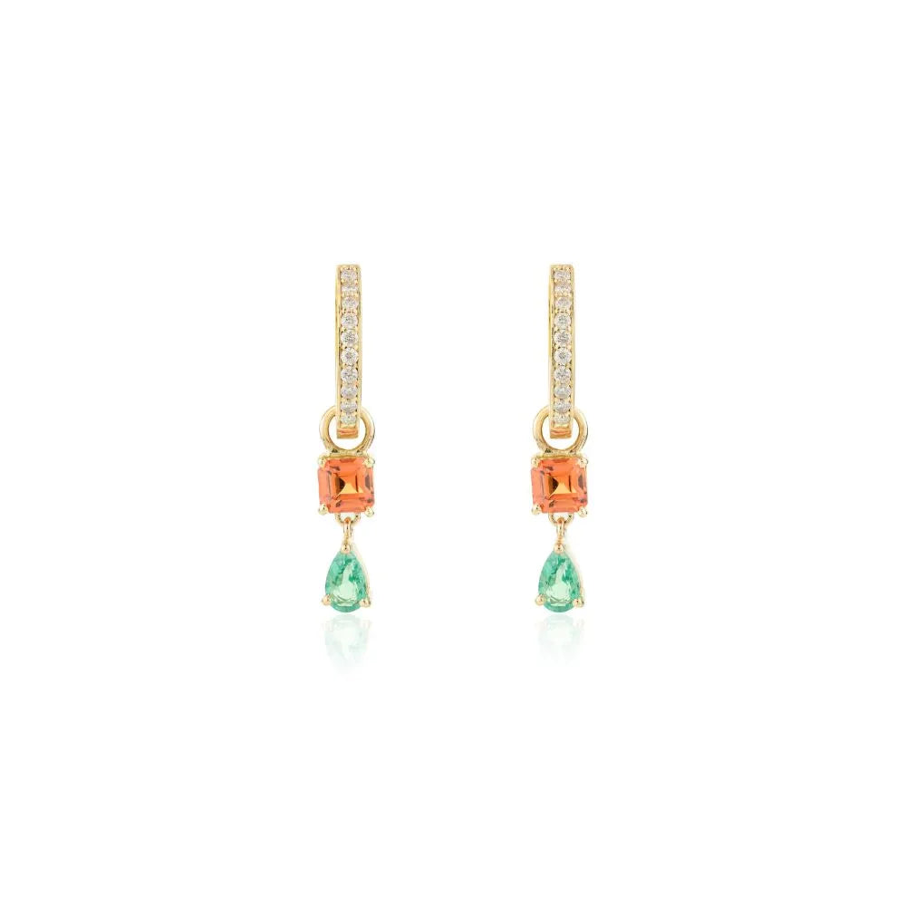 Orange Sapphire Emerald & Diamond Solid Yellow Gold Charm Hoop Earrings