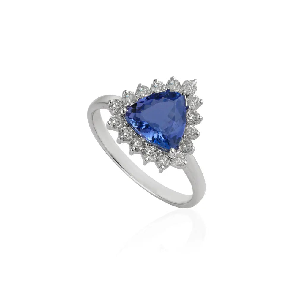 Customized Trillion Cut Tanzanite & Diamond Cluster Ring 18K White Gold Jewelry Supplier