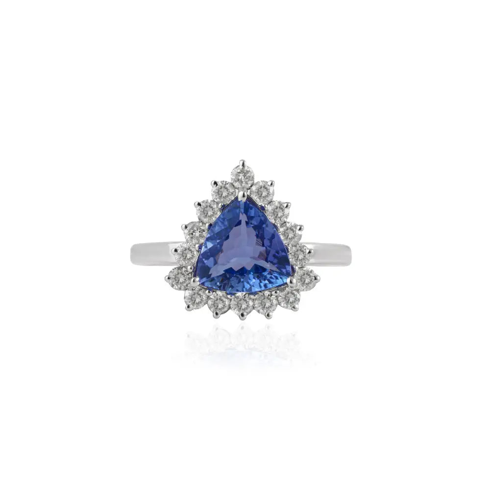 Customized Trillion Cut Tanzanite & Diamond Cluster Ring 18K White Gold Jewelry Supplier