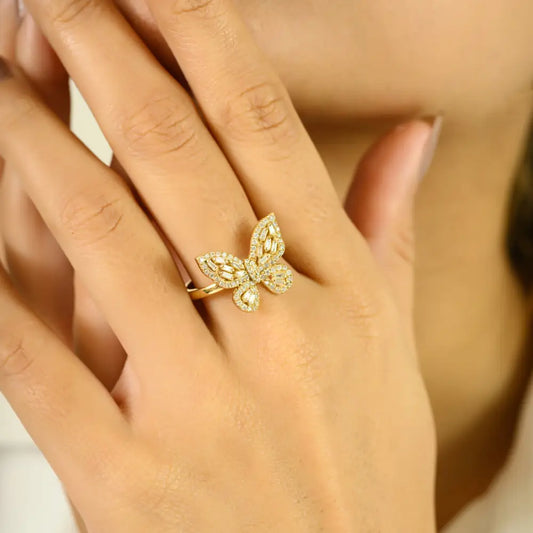 Unique Design Luxury Natural Diamond 18K Yellow Gold Butterfly Ring Customized Jewelry
