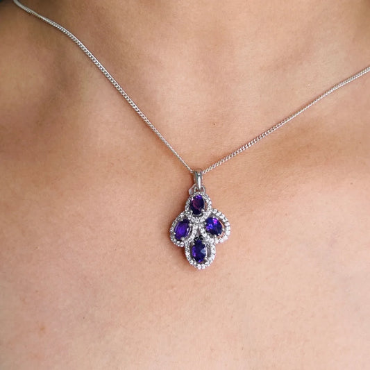 February Birthstone Handmade Real Purple Amethyst & American Diamond Statement Pendant