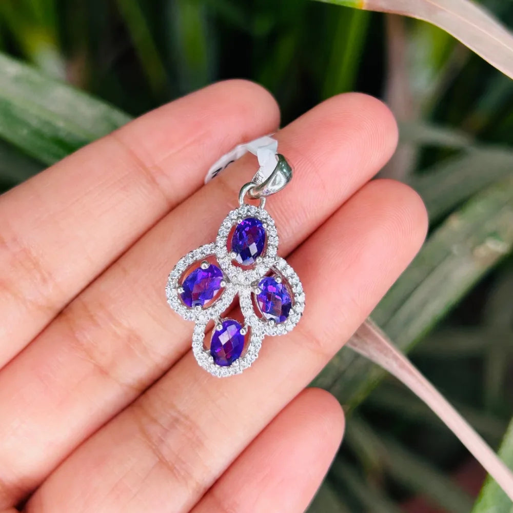 February Birthstone Handmade Real Purple Amethyst & American Diamond Statement Pendant