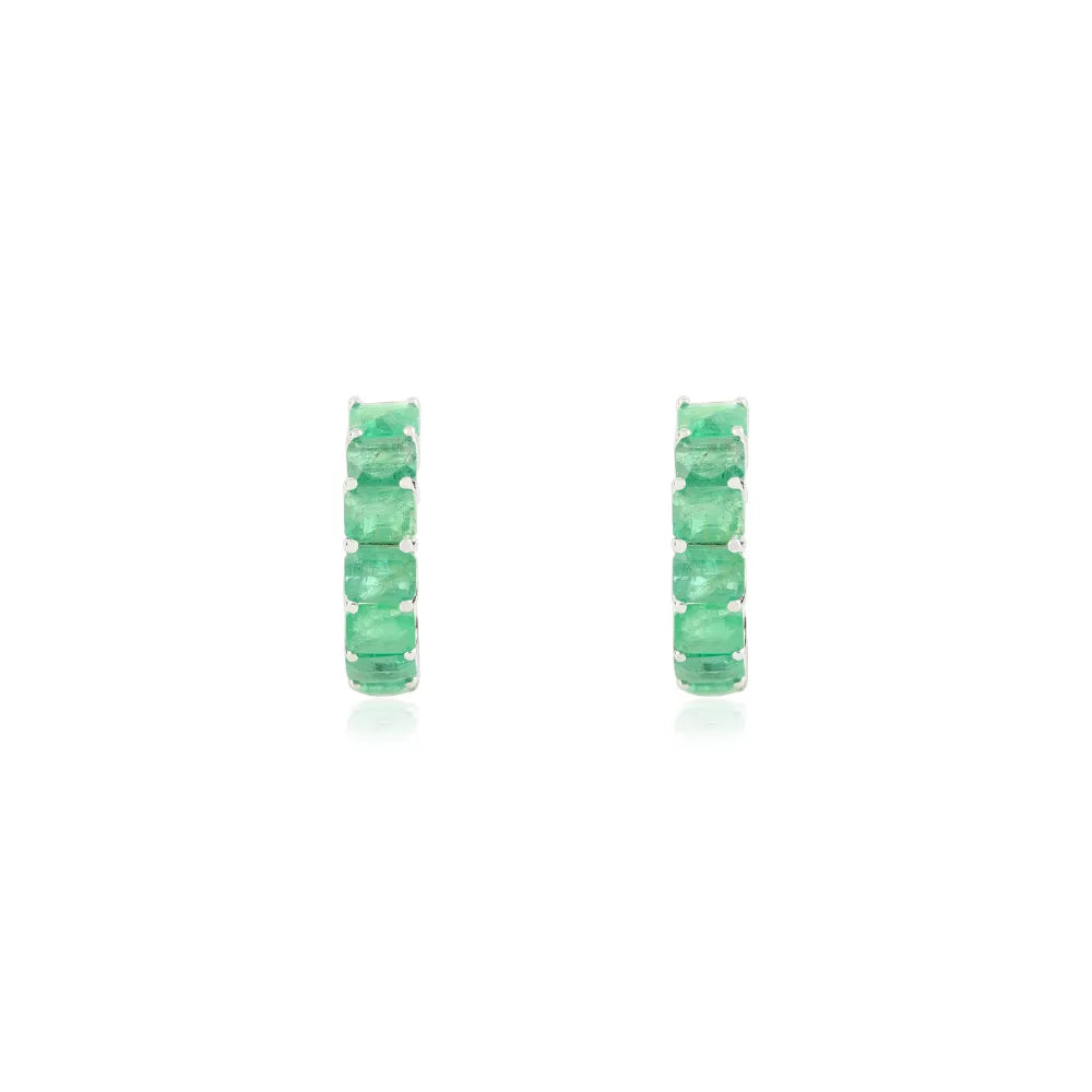 Precious Gemstone Natural Emerald Small Hoop Earrings Solid 14K White Gold Fine Jewelry