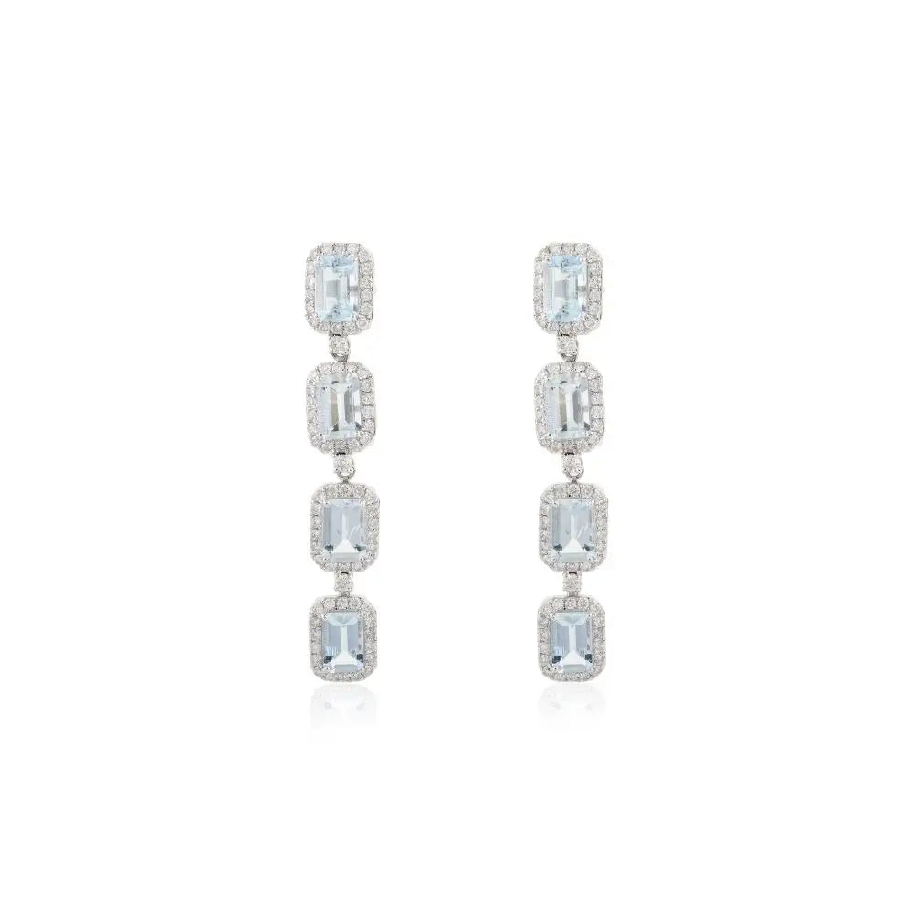 Wholesale Jewelry 18K White Gold Aquamarine & Diamond Halo Dangle Earrings