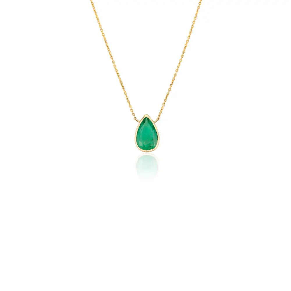 May Birthstone Natural Pear Cut Emerald 14K Real Yellow Gold Chain Necklace