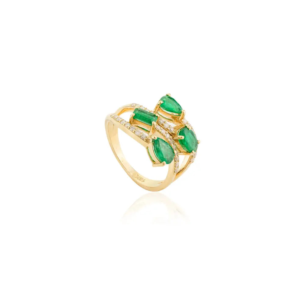 Designer Jewelry Natural Emerald & Diamond Solid Yellow Gold Statement Ring