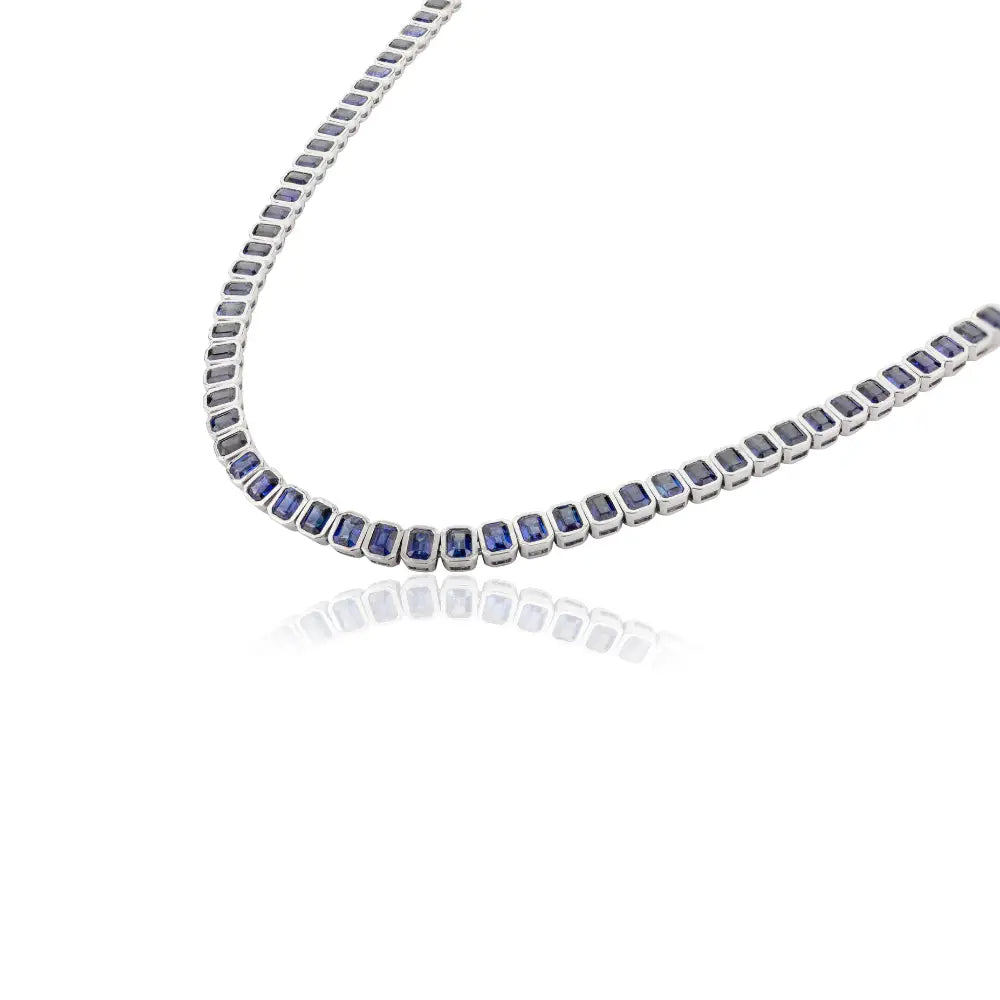 K18 Solid White Gold 100% Authentic Octagon Shape Blue Sapphire Tennis Necklace