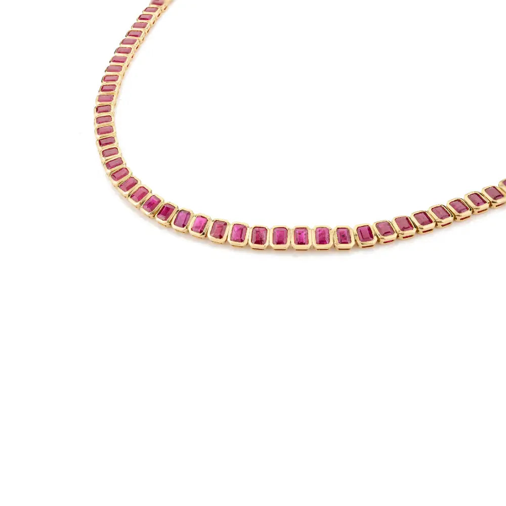 July Birthstone Natural Ruby 18K Yellow Gold Bezel Setting Tennis Necklace