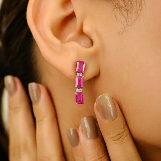 Precious Gemstone 4x6mm Octagon Cut Ruby & Diamond Drop Earrings 14K Real White Gold