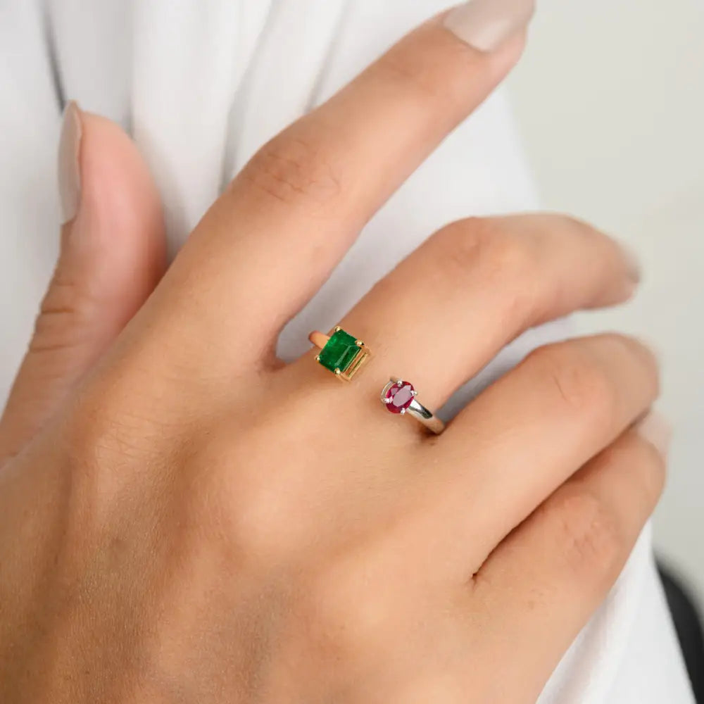 Emerald and Ruby Minimalist Two Stone 18K Authentic Gold Open Ring