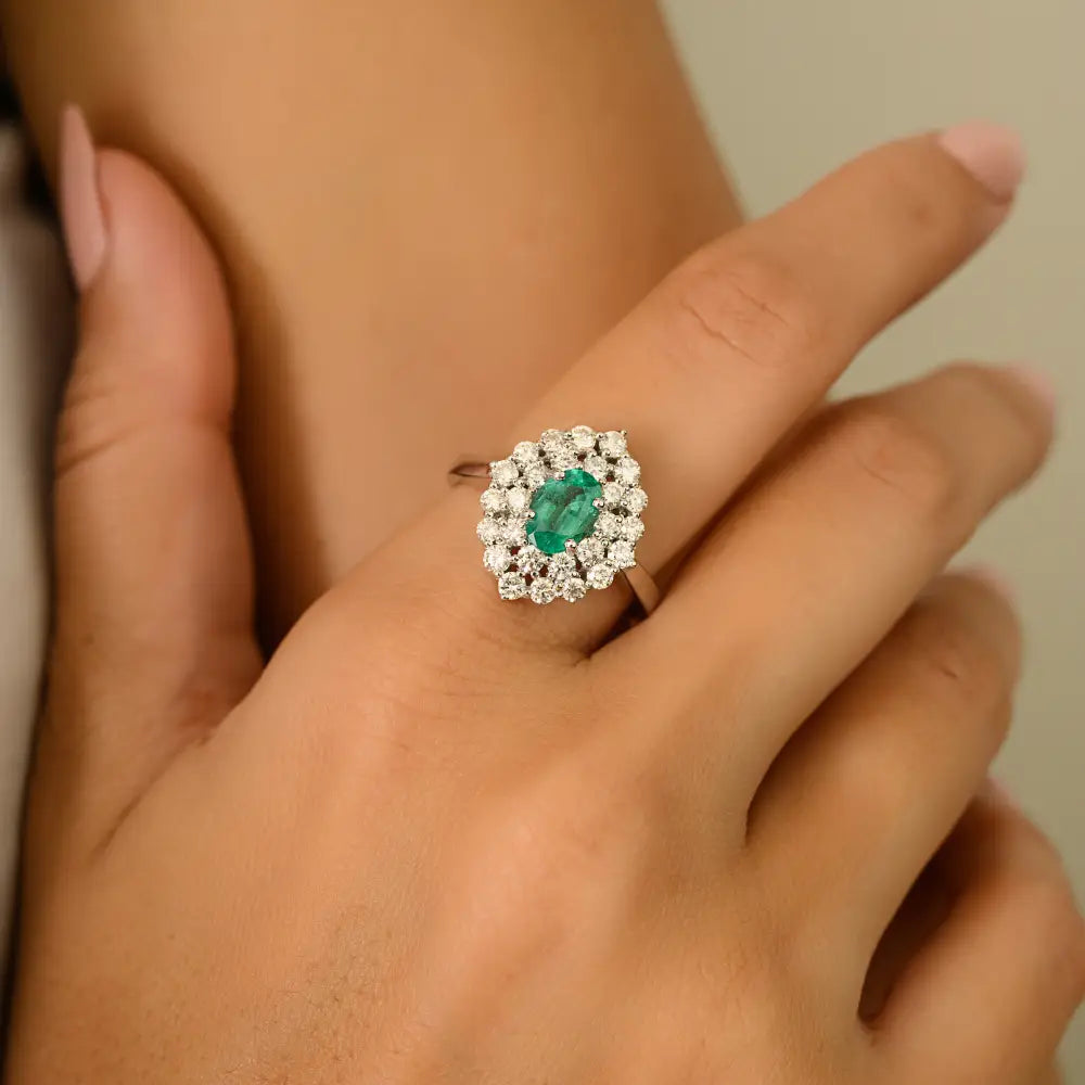 18K Solid White Gold Vintage Style Emerald & Diamond Double Cluster Ring Engagement Jewelry