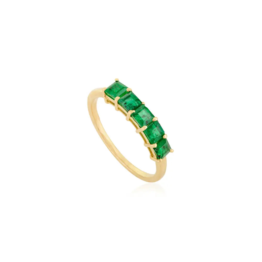 Simple Elegant Design 14K Yellow Gold Emerald Gemstone Half Eternity Band Ring Daily Wear