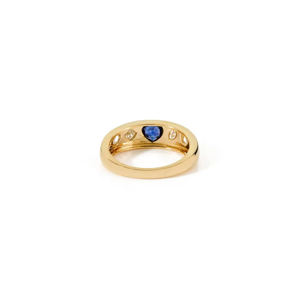 Heart Shape Blue Sapphire & Diamond Gypsy Set Signet Ring Solid K18 Yellow Gold Trendy Jewelry