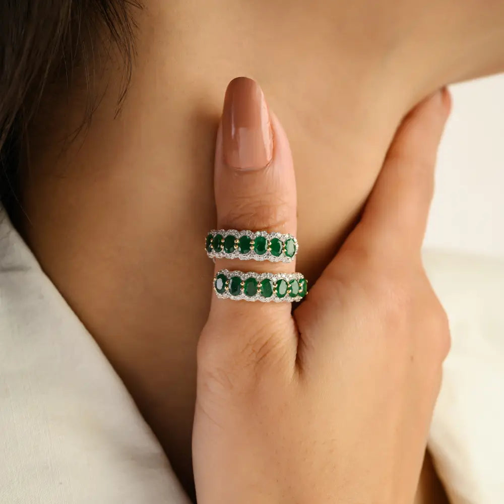 Zambian Emerald & Diamond Fine Bypass Ring 14K Real Yellow Gold Wedding Bridal Jewelry