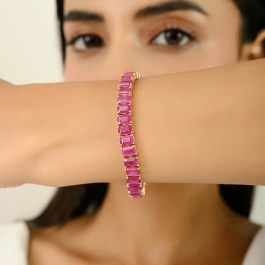 4x6 mm Octagon Cut Ruby Pure 14K Yellow Gold Box Lock Tennis Bracelet Anniversary Gift