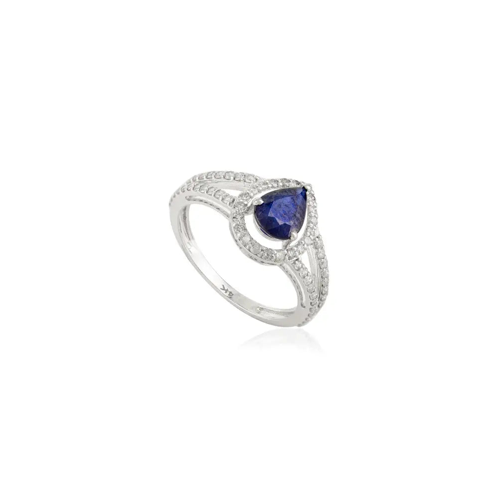 Latest Design Fine Blue Sapphire & Diamond Split Shank Ring 14K Pure White Gold Jewelry