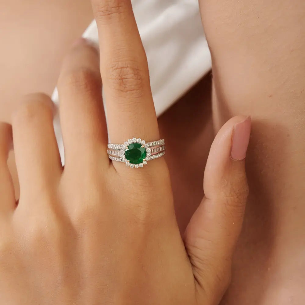 Statement Emerald & Diamond 14K Real Yellow Gold Wedding Band Ring New Arrivals Jewelry