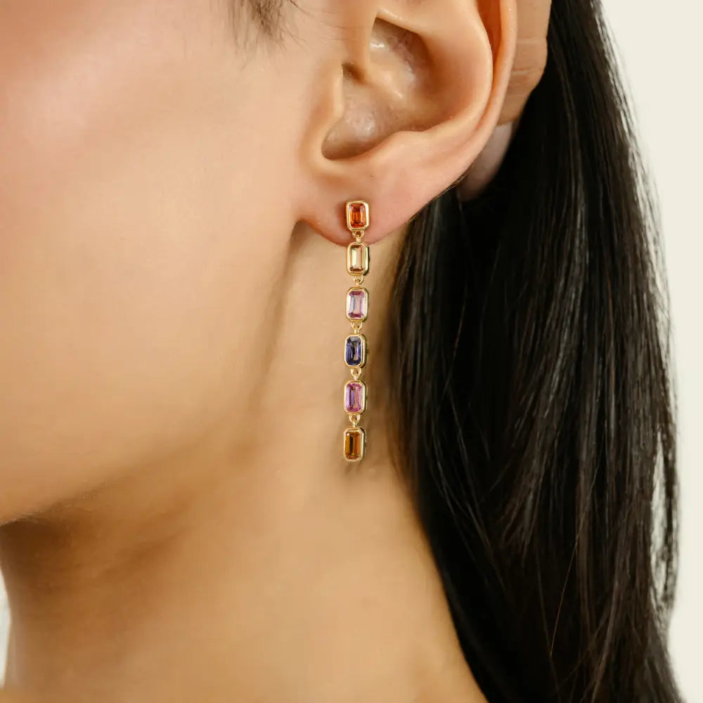 Rainbow Colorful Multi Sapphire Pure 14K Yellow Gold Long Dangling Earrings Trending Jewelry