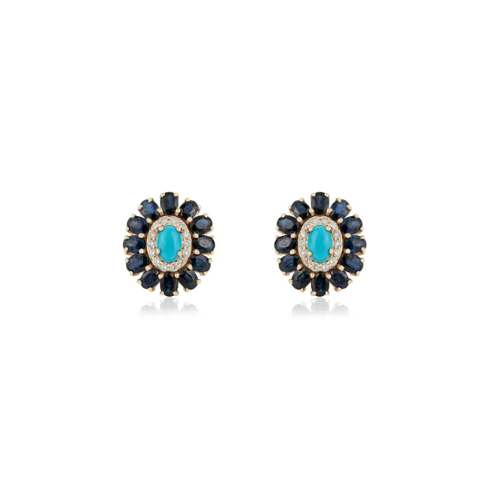 Natural Gemstone Blue Sapphire Turquoise & Diamond K14 Yellow Gold Halo Floral Stud Earrings