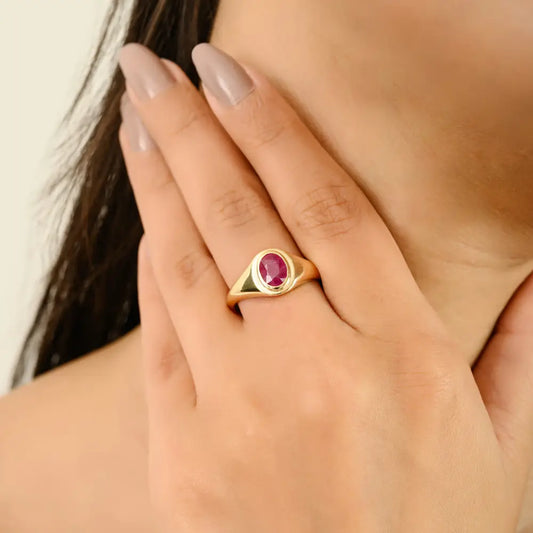 Latest Design July Birthstone Natural Ruby Signet Chunky Ring 14K Real Yellow Gold Jewelry