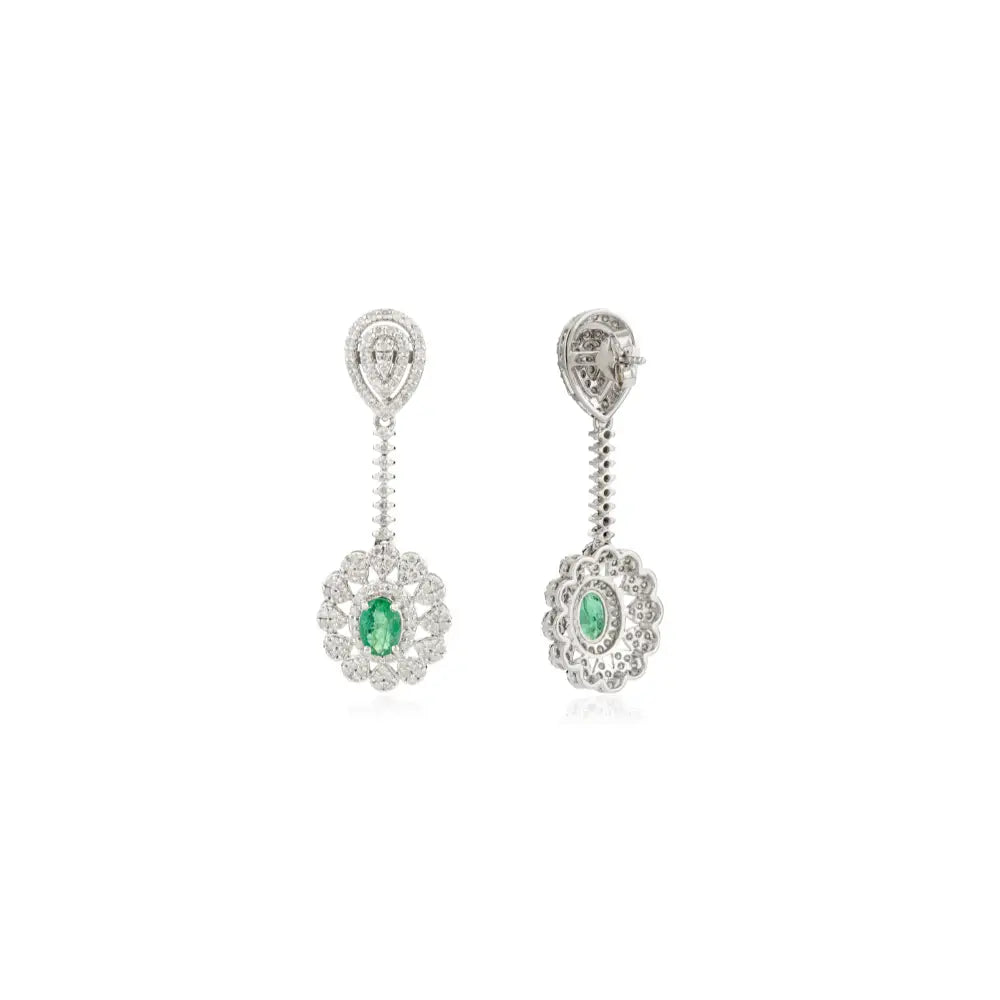 Statement Fine Jewelry Natural Emerald & Diamond Dangle Earrings Real K14 White Gold