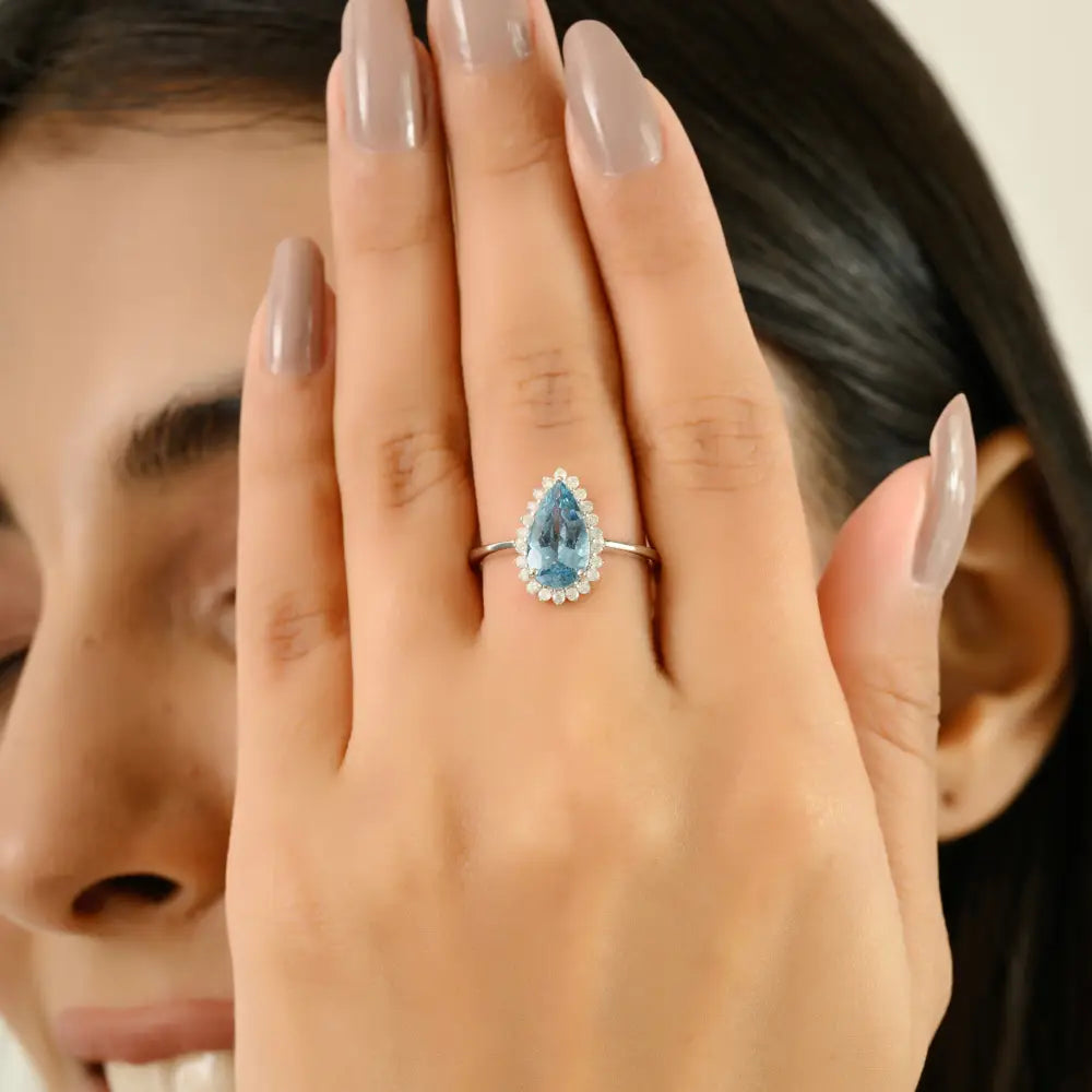 Pear Cut Aquamarine & Diamond Statement Cluster Ring Trending 14K White Gold Wedding Jewelry