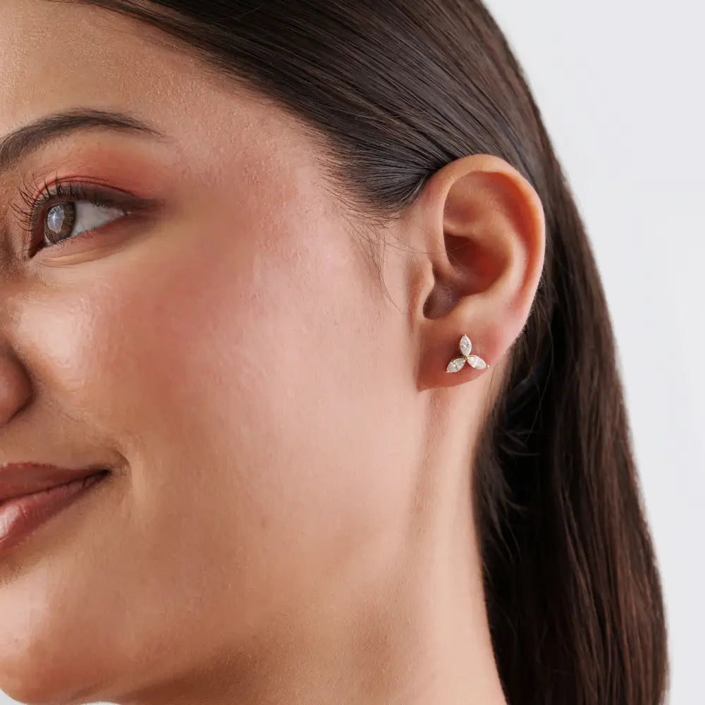 100% Natural Marquise Cut Diamond Trio Stud Earrings For Unisex 14K Yellow Gold Fine Jewelry