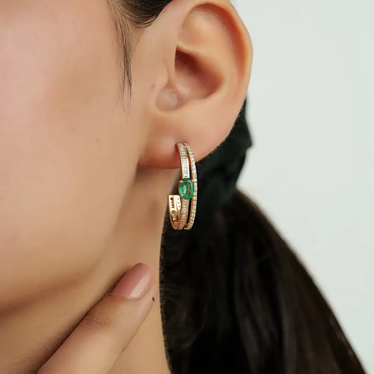 Customized Emerald & Diamond K14 Solid Yellow Gold C Shape Hoop Earrings For Women