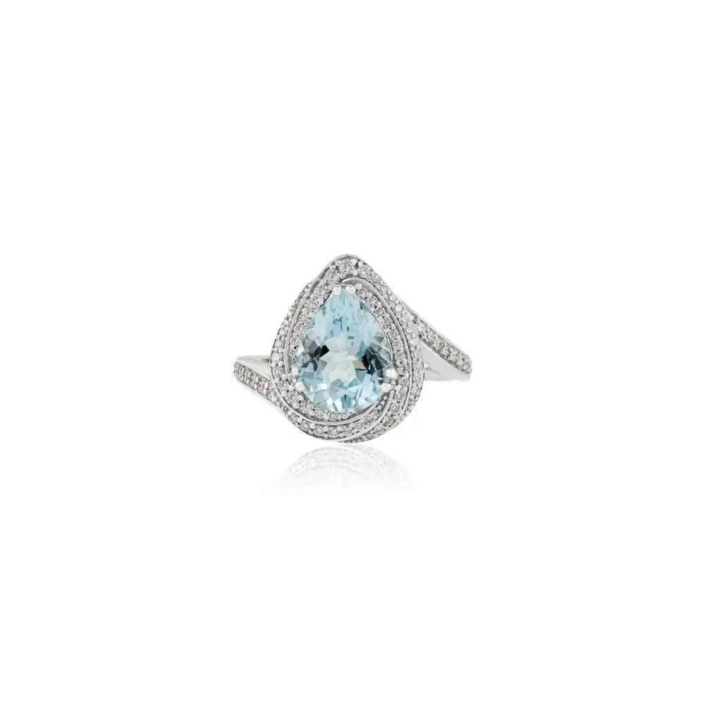 Pear Shape Aquamarine & Diamond Double Halo 18K White Gold Cocktail Ring Custom Jewelry