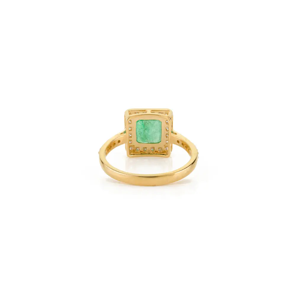 Natural Gemstone Emerald & Diamond K14 Real Yellow Gold Halo Engagement Ring For Unisex
