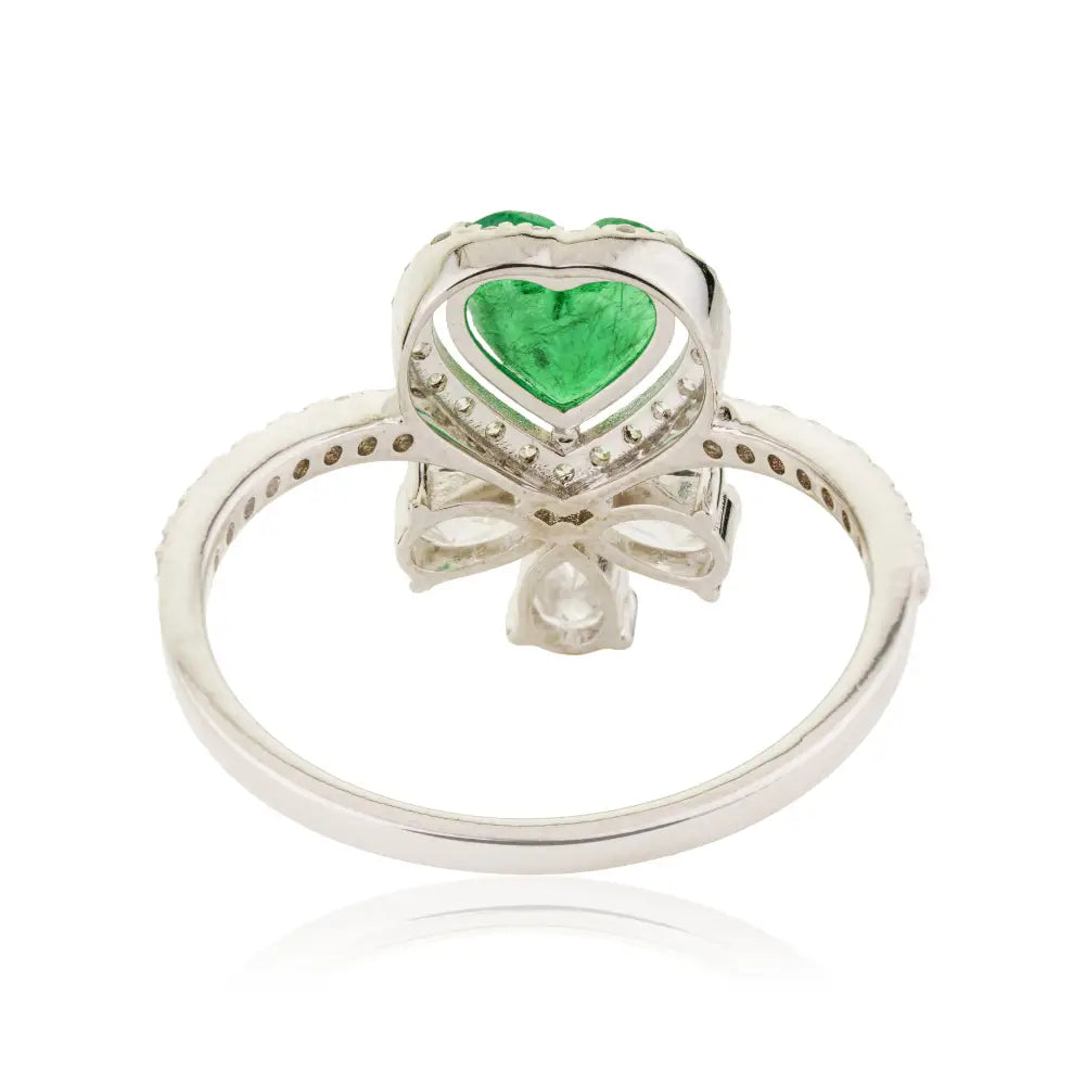 Heart Shape Emerald & Diamond Unique Statement Ring Pure K18 White Gold Bulk Jewelry