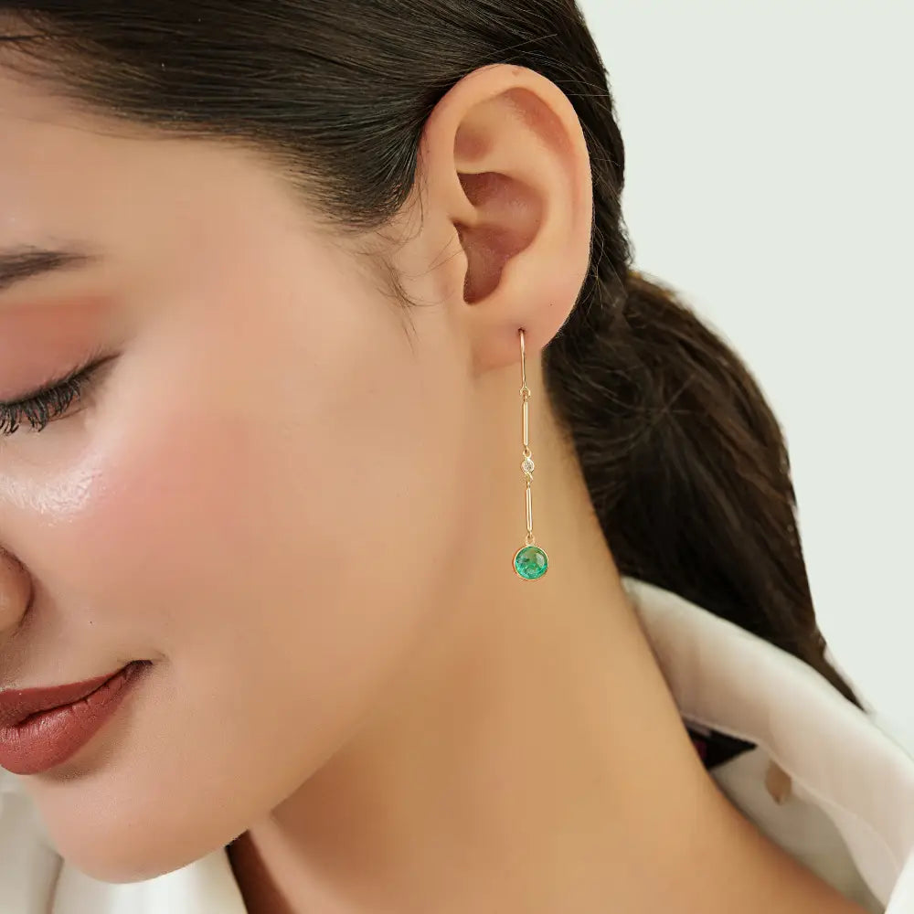 Simple Dainty Emerald & Diamond Dangle Earrings Solid K14 Yellow Gold Handmade Jewelry