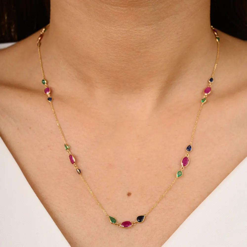 Birthstone Jewelry Emerald, Ruby, Sapphire 18K Yellow Gold Long Chain Necklace